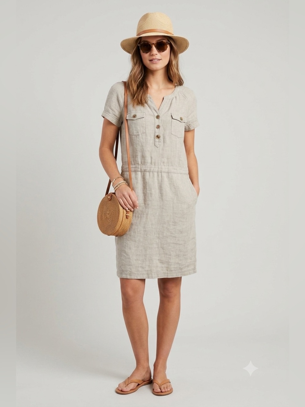 Boden 100% Linen Utility Shirt Dress Taupe Herringbone Short Sleeve Size US 12